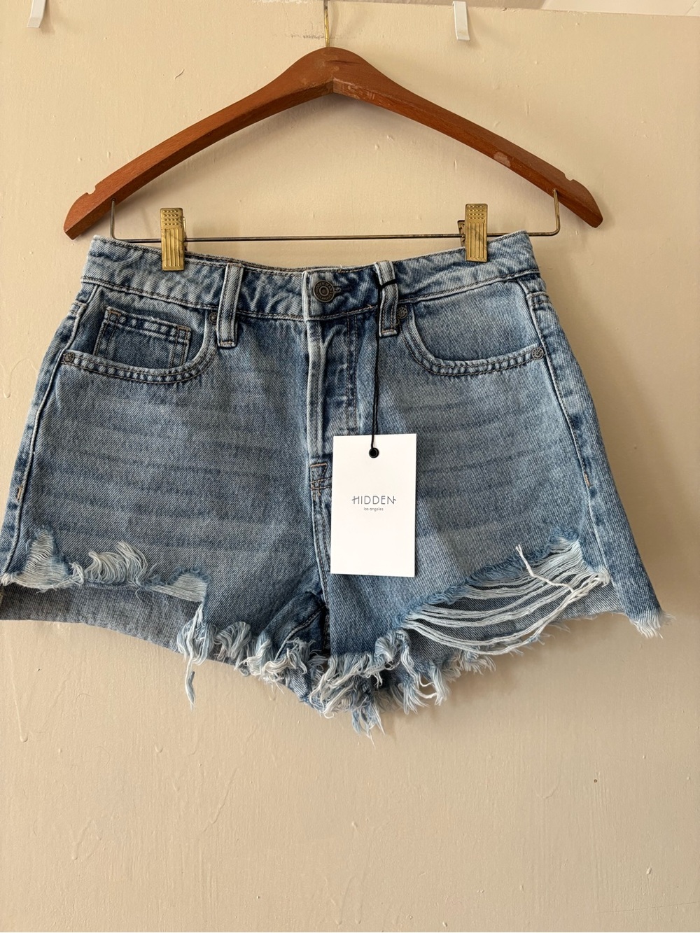 Hidden Label Distressed Light Blue Denim Cutoff Shorts